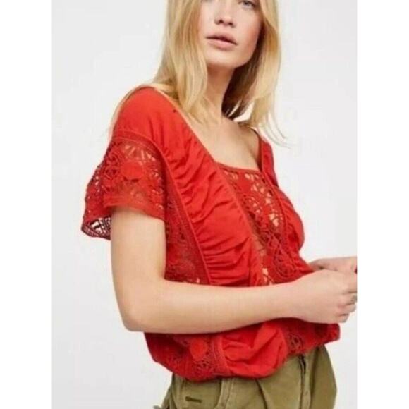 Free People Little Secret Red Orange Crochet Lace Panel Cropped Top Sz M Boho - Picture 8 of 8